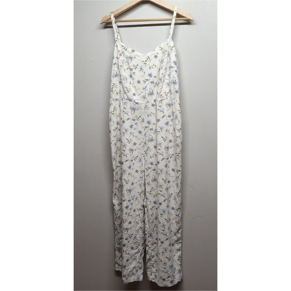 Old Navy Jumpsuit Women L Cream Floral Linen Blend Romantic Cottage Coquette